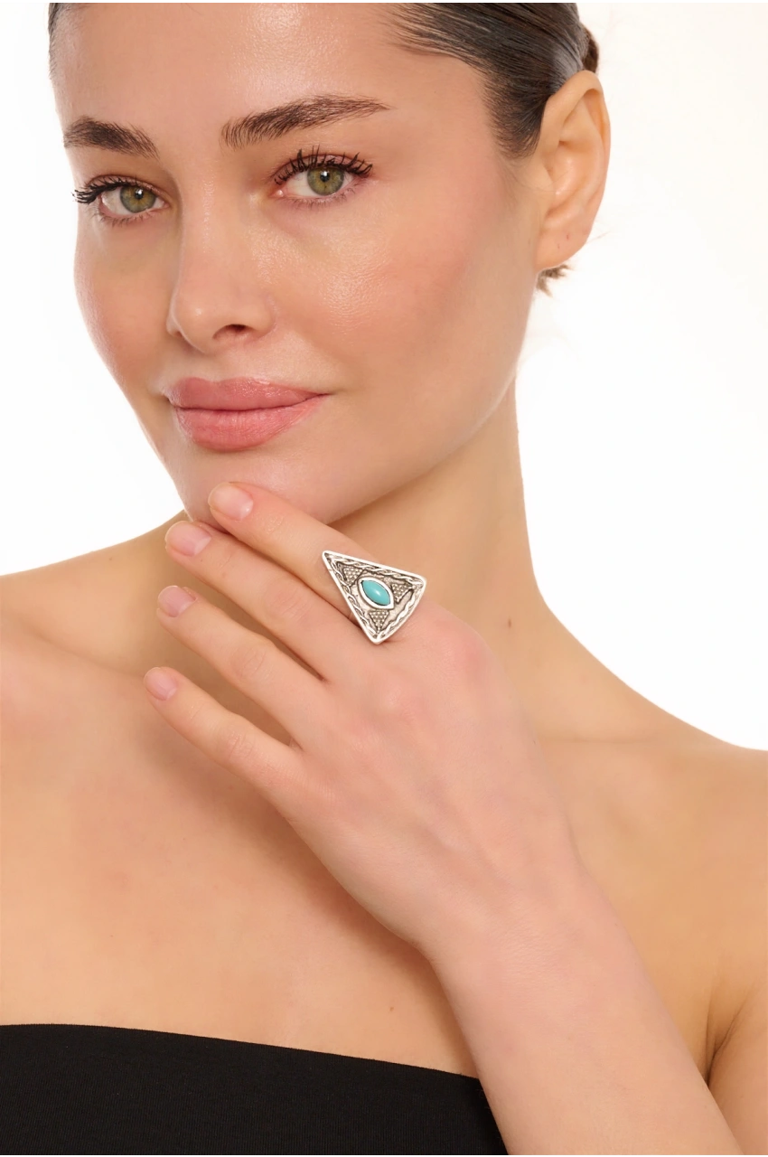 Kiraz Turquoise Stoned Silver Plated Triangle Ring