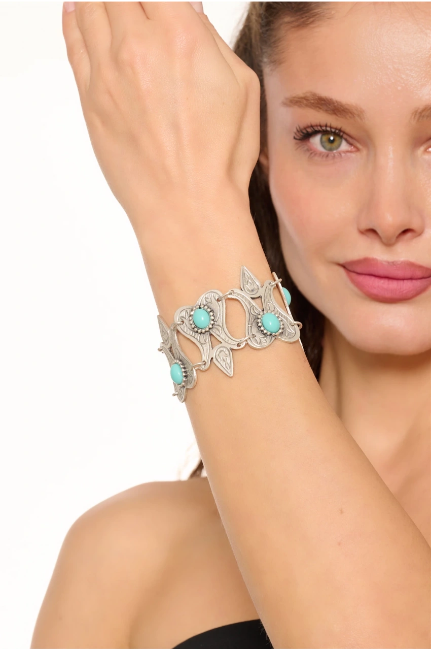 Kiraz Turquoise Stoned Silver Plated Tulip Bracelet