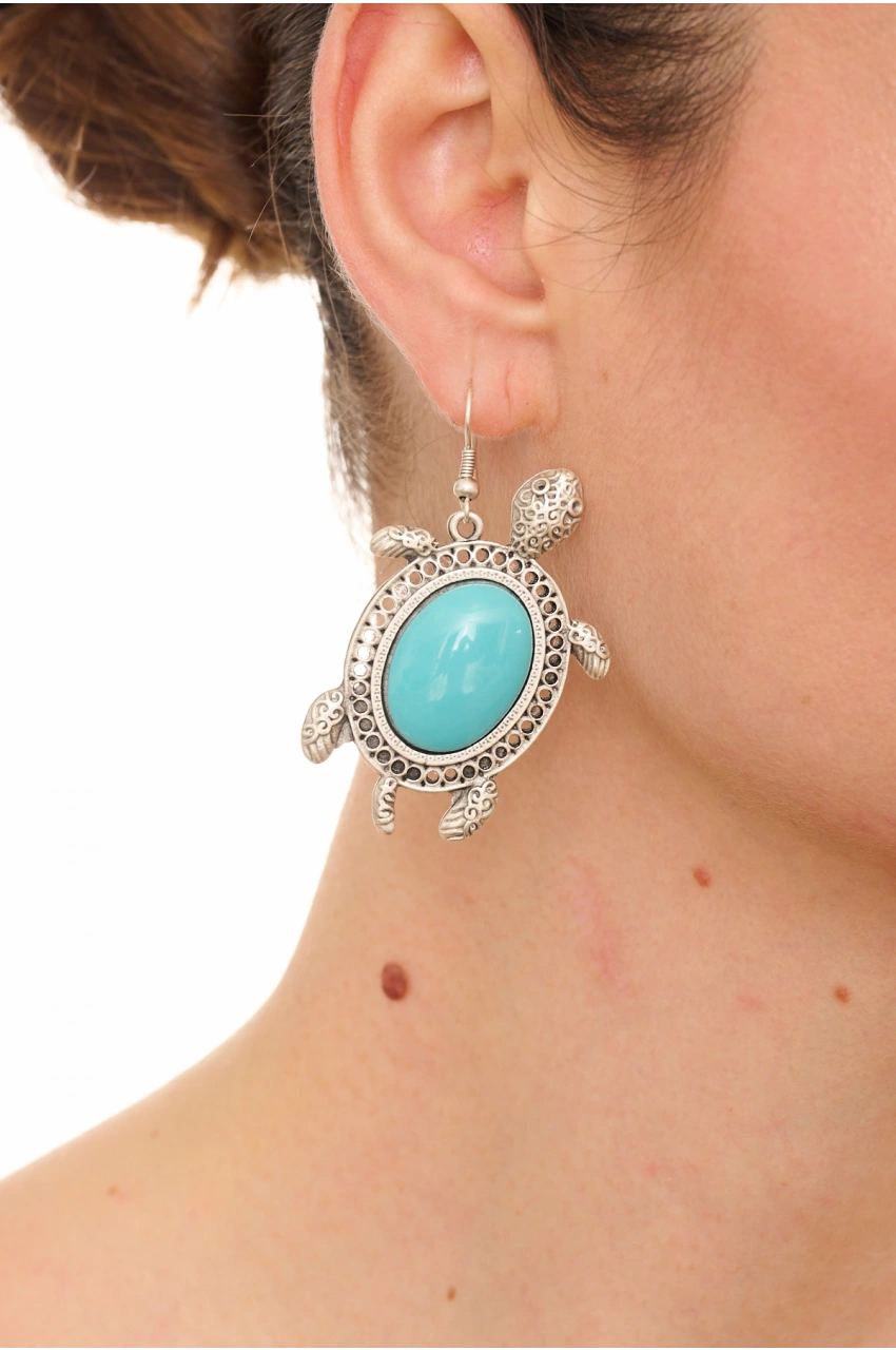 Kiraz Turquoise Stoned Silver Plated Turtle Earring