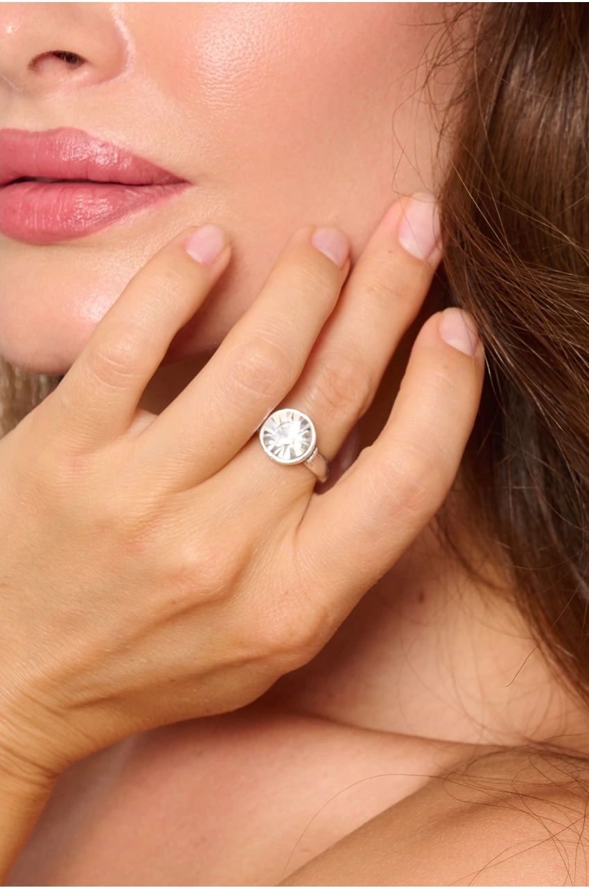 Kiraz White Crystal Stoned Silver Plated Ring
