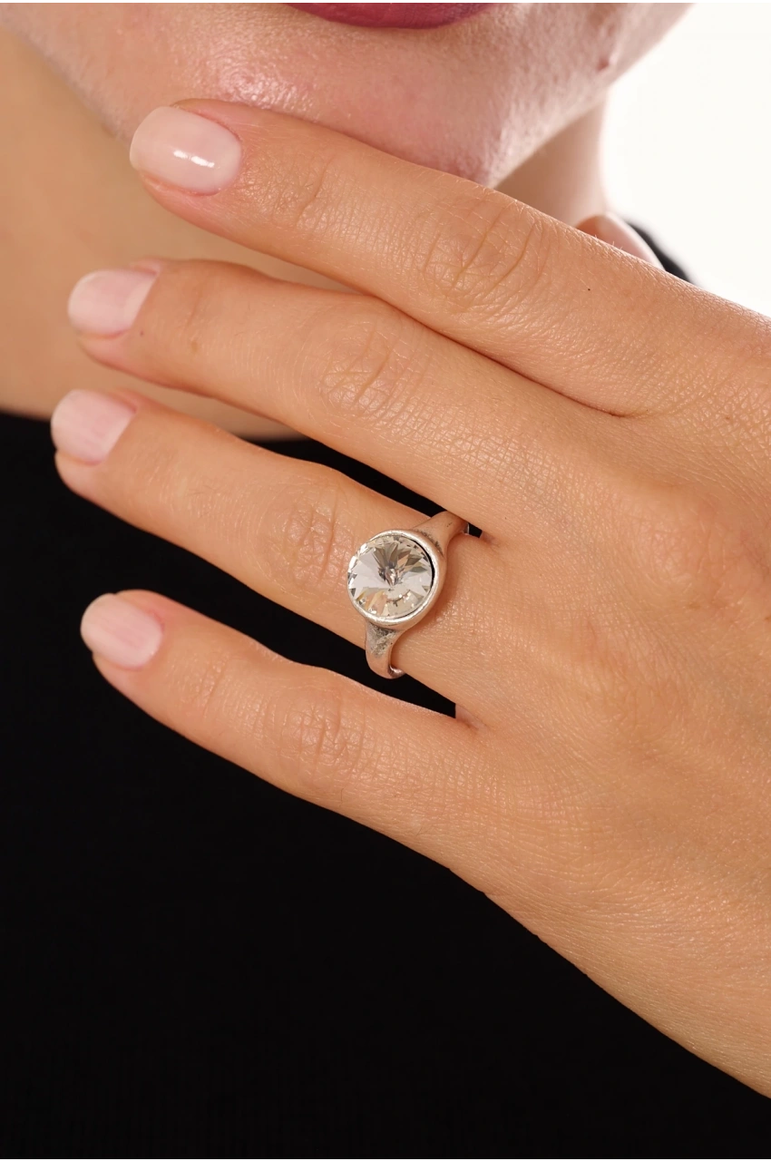 Kiraz White Crystal Stoned Silver Plated Ring