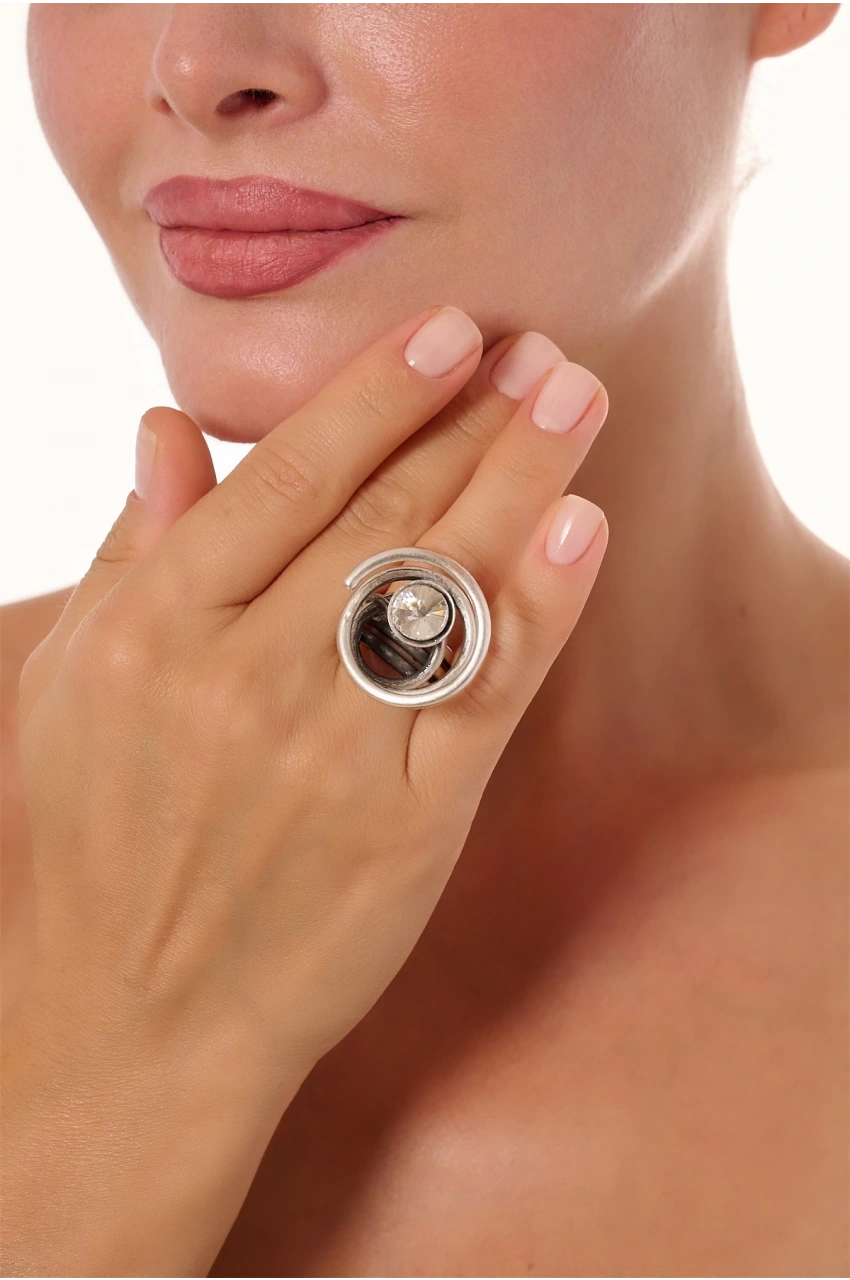 Kiraz White Crystal Stoned Silver Plated Ring