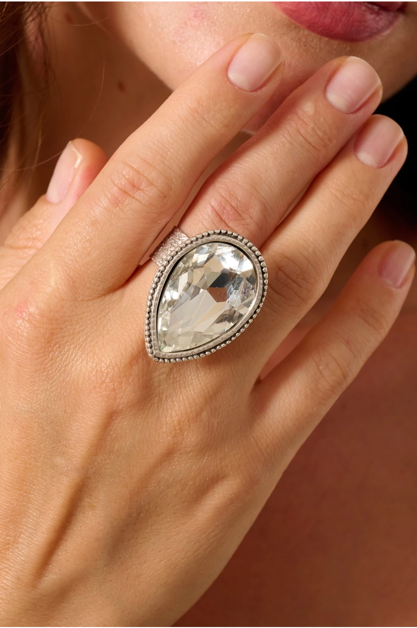 Kiraz White Crystal Stoned Silver Plated Ring