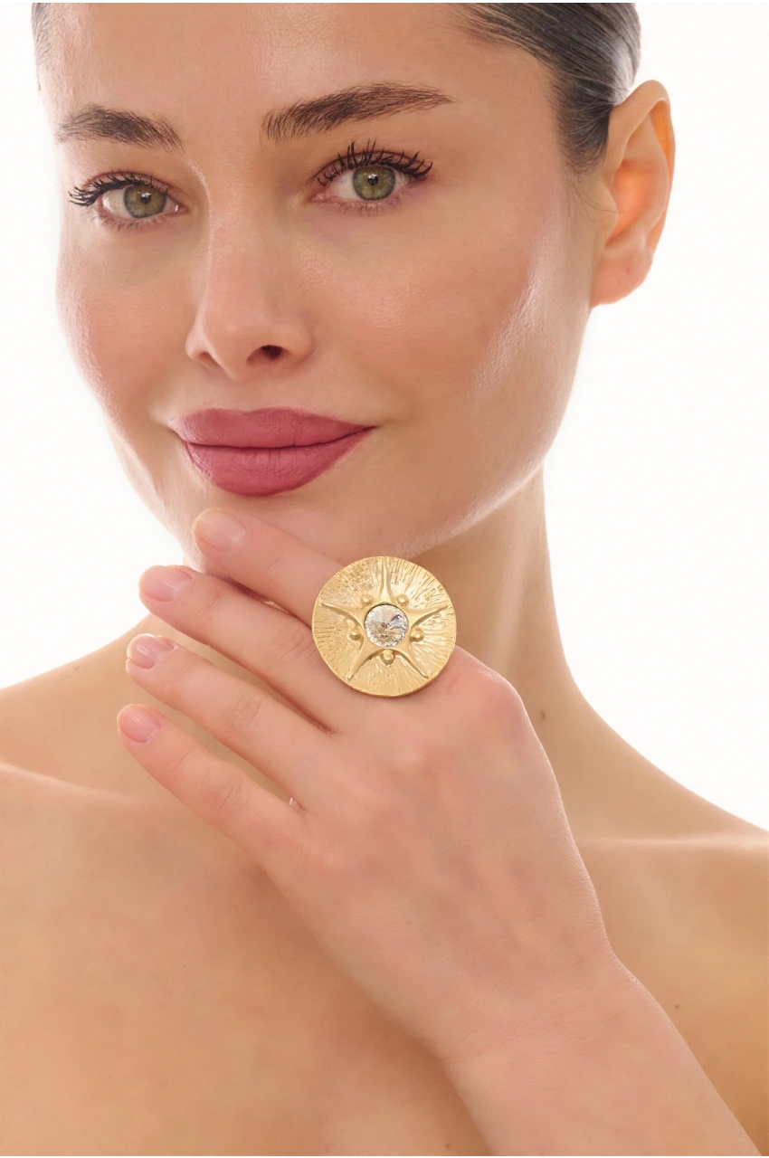 Kiraz White Crystal Stoned Gold Plated Ring