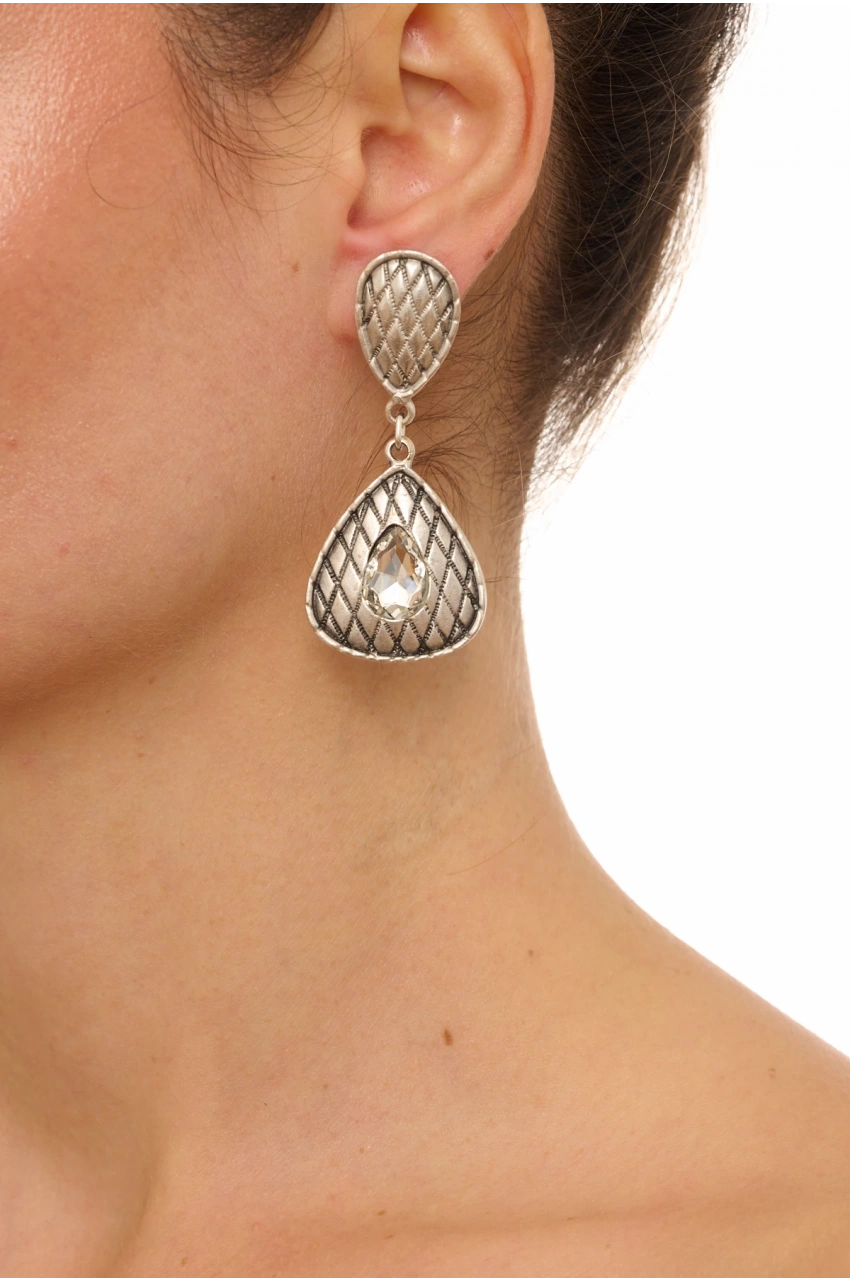 Kiraz White Crystal Stoned Silver Plated Earring