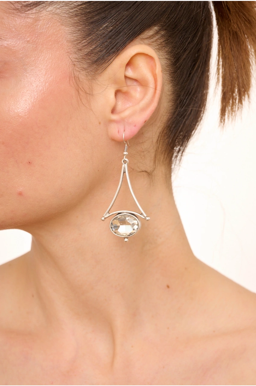 Kiraz White Crystal Stoned Silver Plated Earring