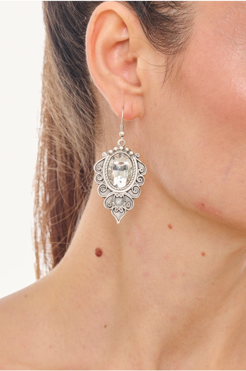 Kiraz White Crystal Stoned Silver Plated Earring