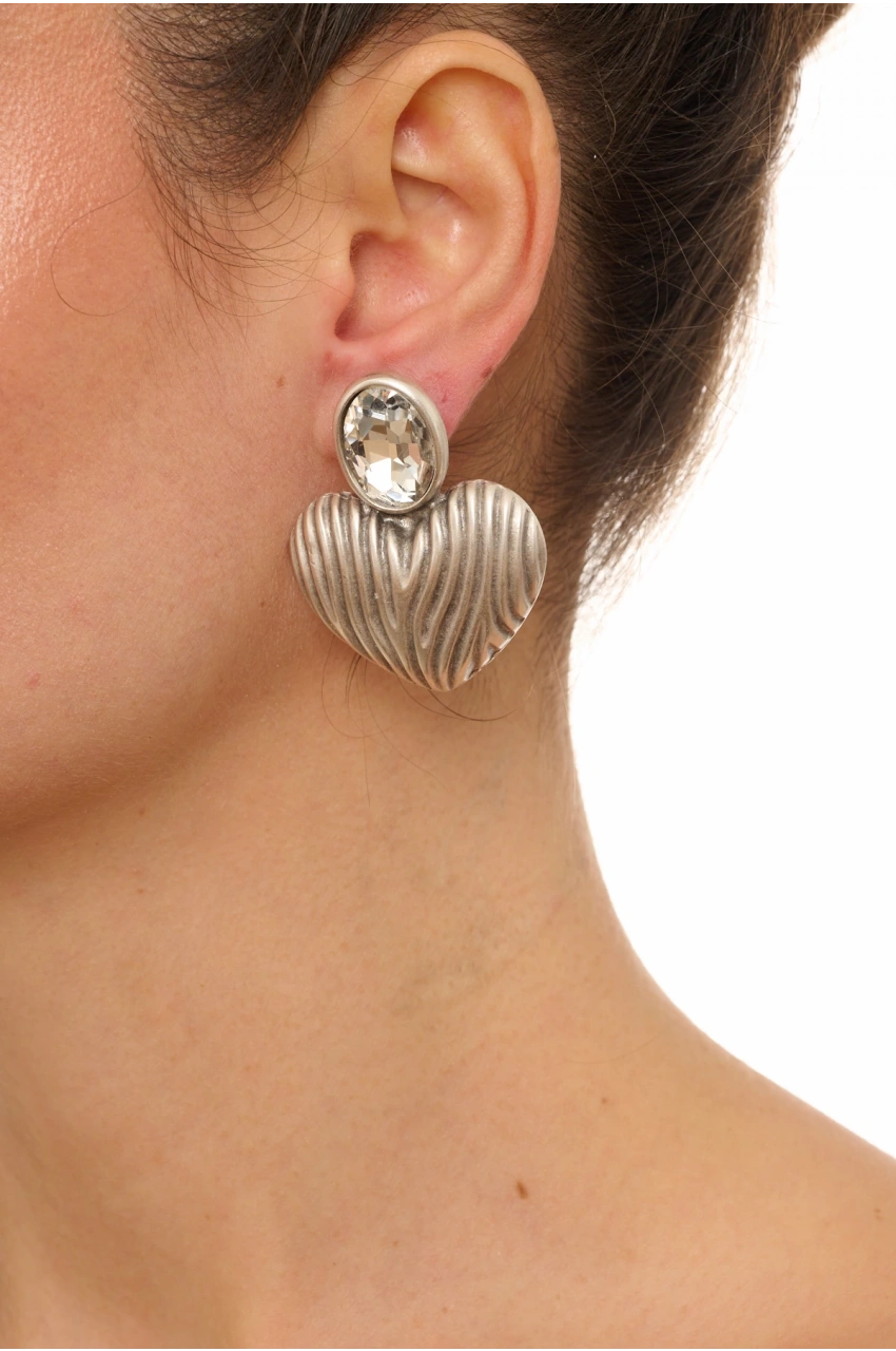 Kiraz White Crystal Stoned Silver Plated Heart Earring