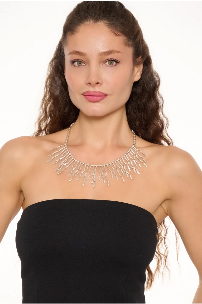 Kiraz White Crystal Stoned Silver Plated Lightning Necklace