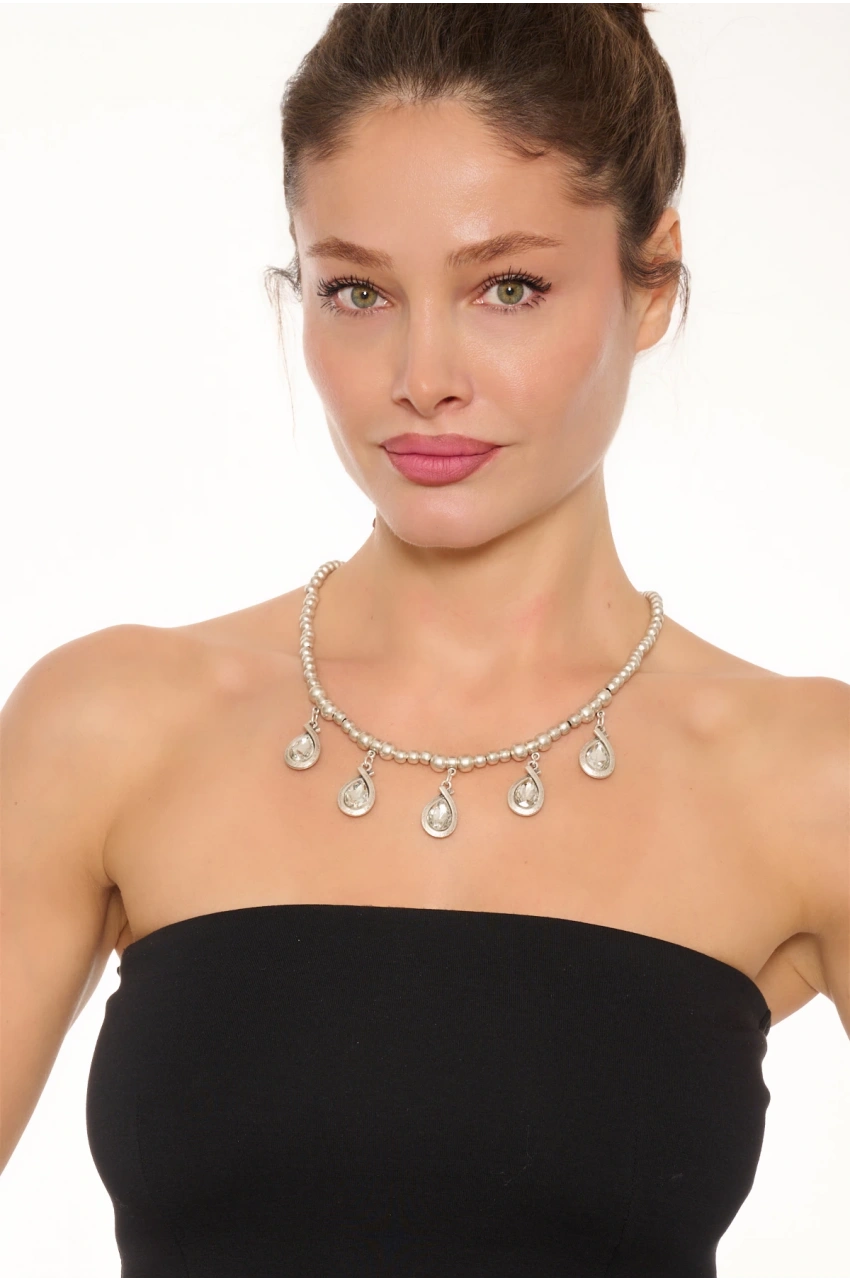 Kiraz White Crystal Stoned Silver Plated Necklace