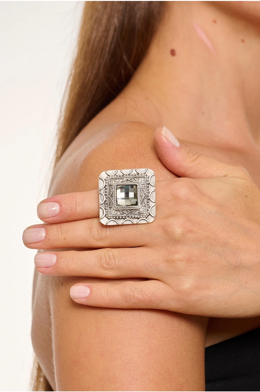 Kiraz White Crystal Stoned Silver Plated Ring