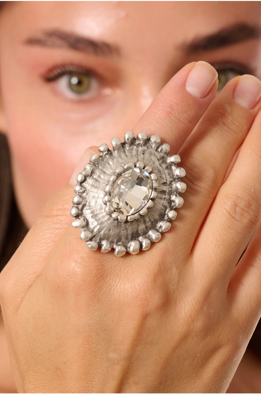 Kiraz White Crystal Stoned Silver Plated Ring