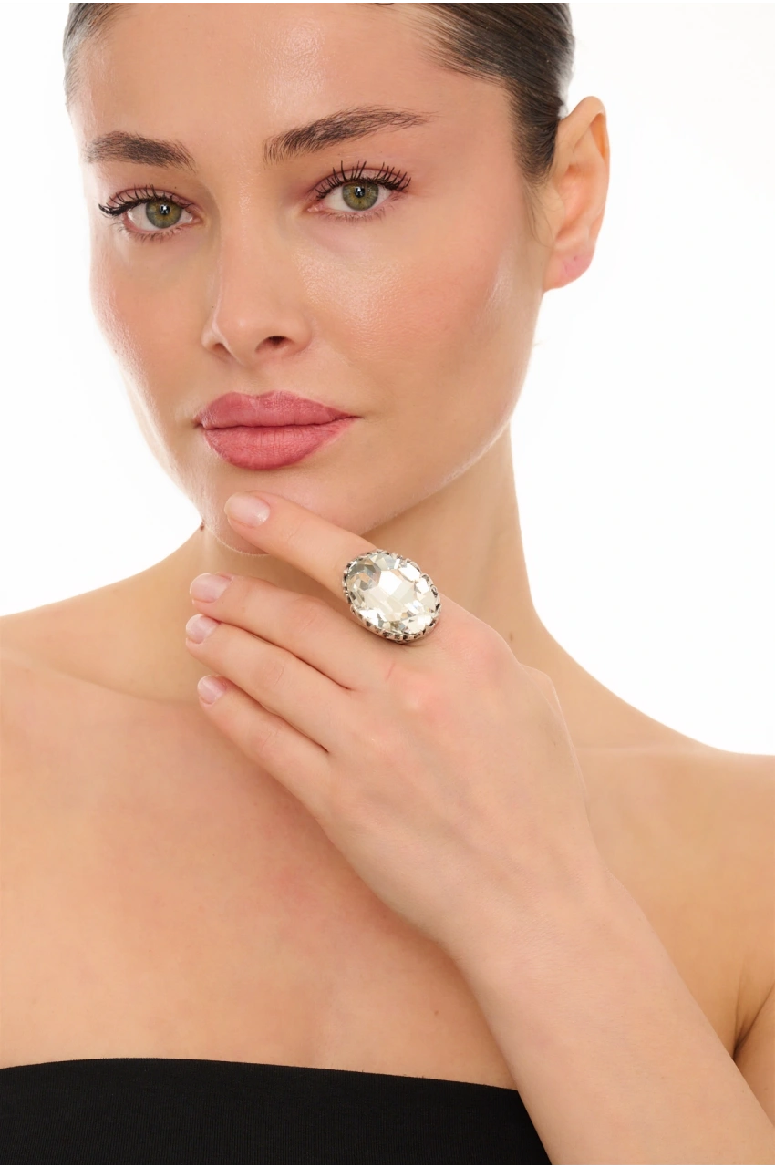 Kiraz White Crystal Stoned Silver Plated Ring