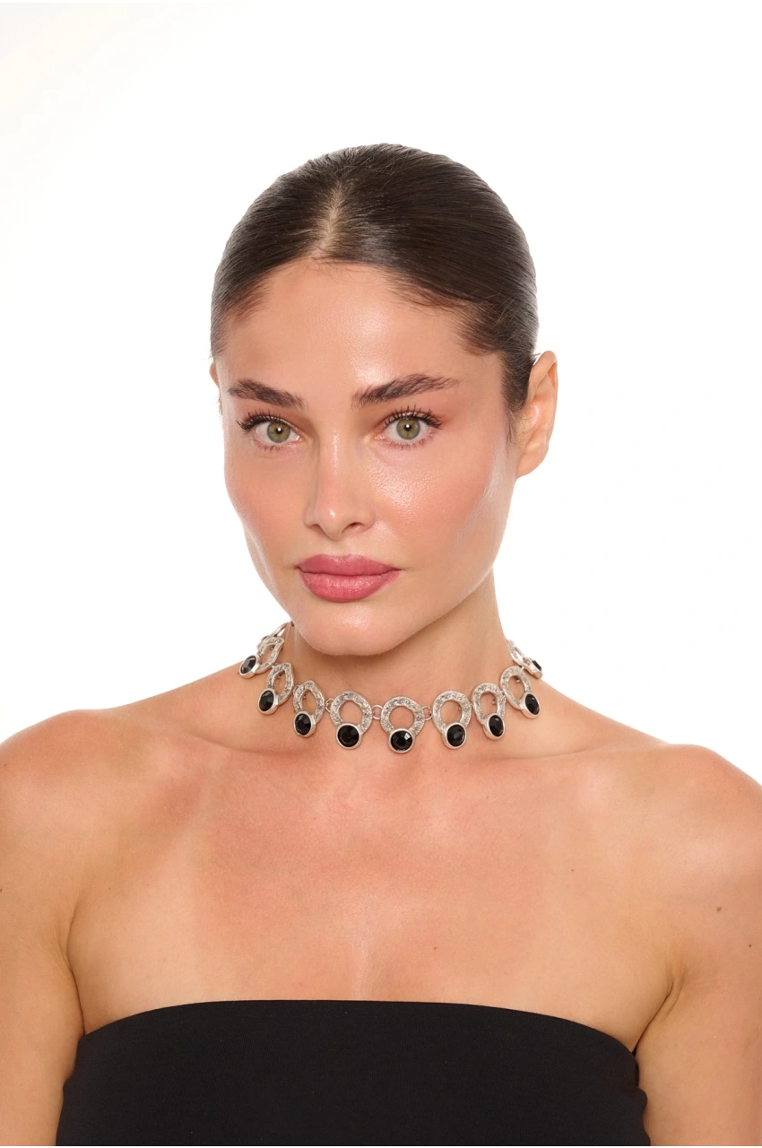 Kiraz Black Crystal Stoned Silver Plated Necklace