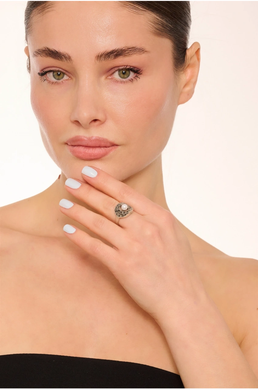 Kiraz White Pearl Stoned Silver Plated Ring