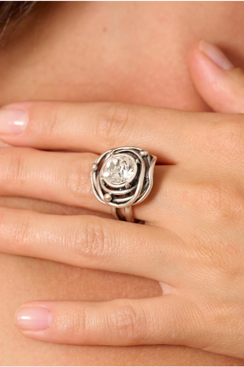 Kiraz White Crystal Stoned Silver Plated Ring