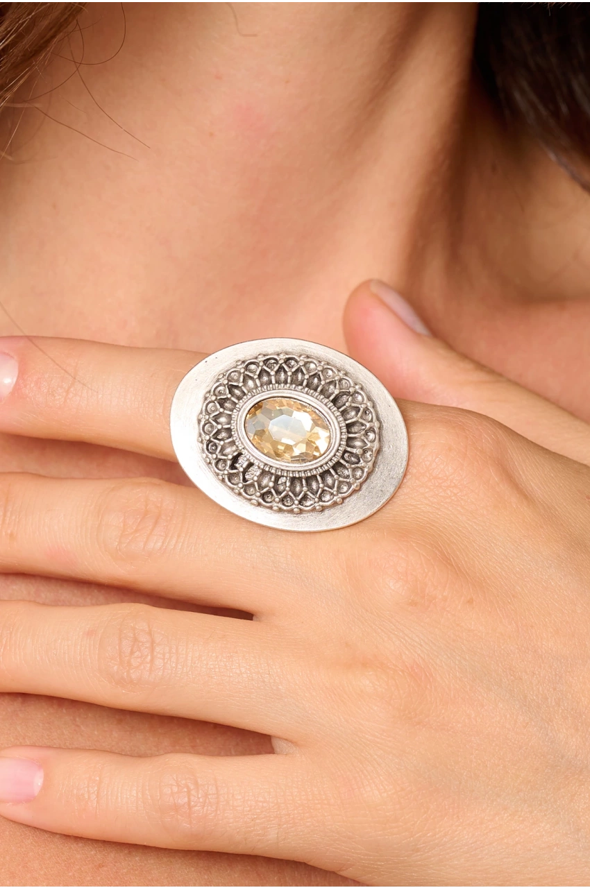 Kiraz Yellow Crystal Stoned Silver Plated Ring