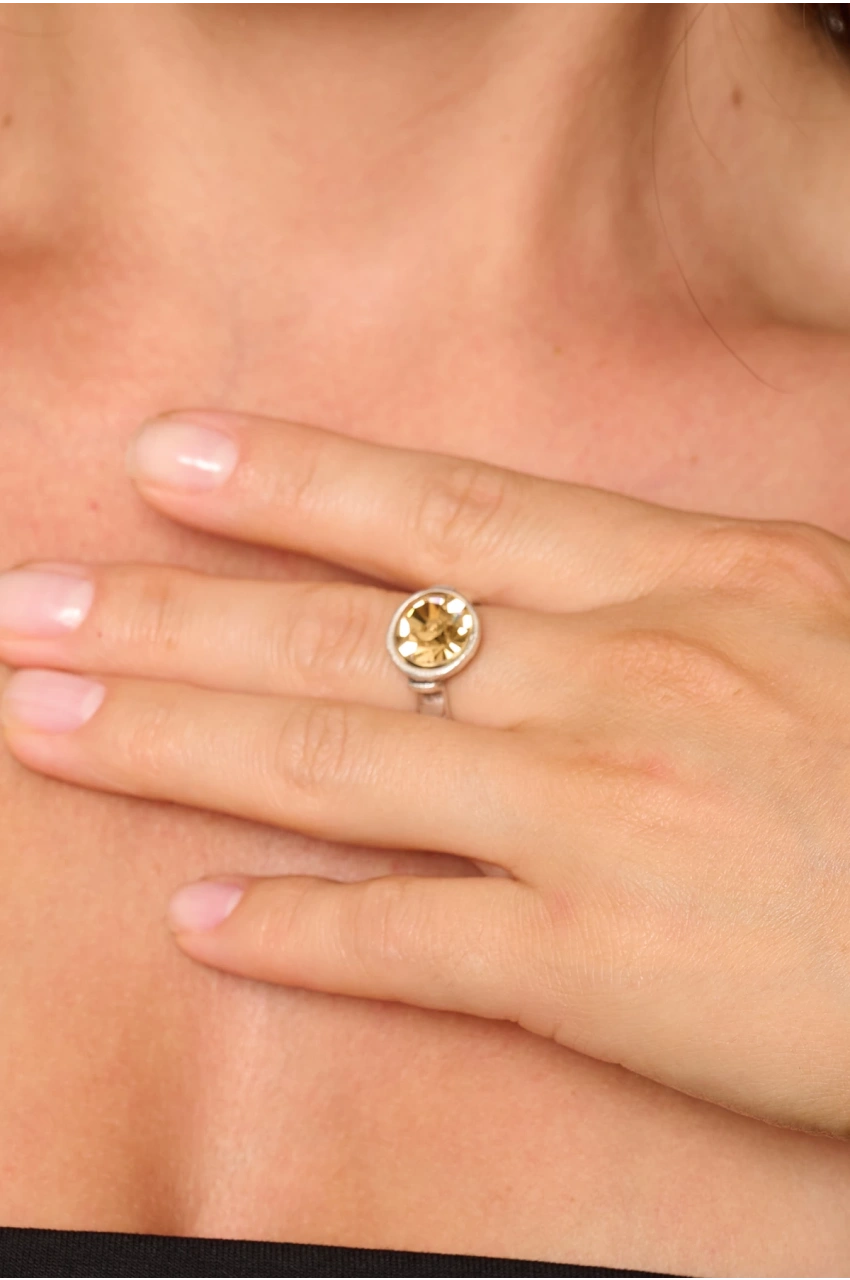 Kiraz Yellow Crystal Silver Plated Ring