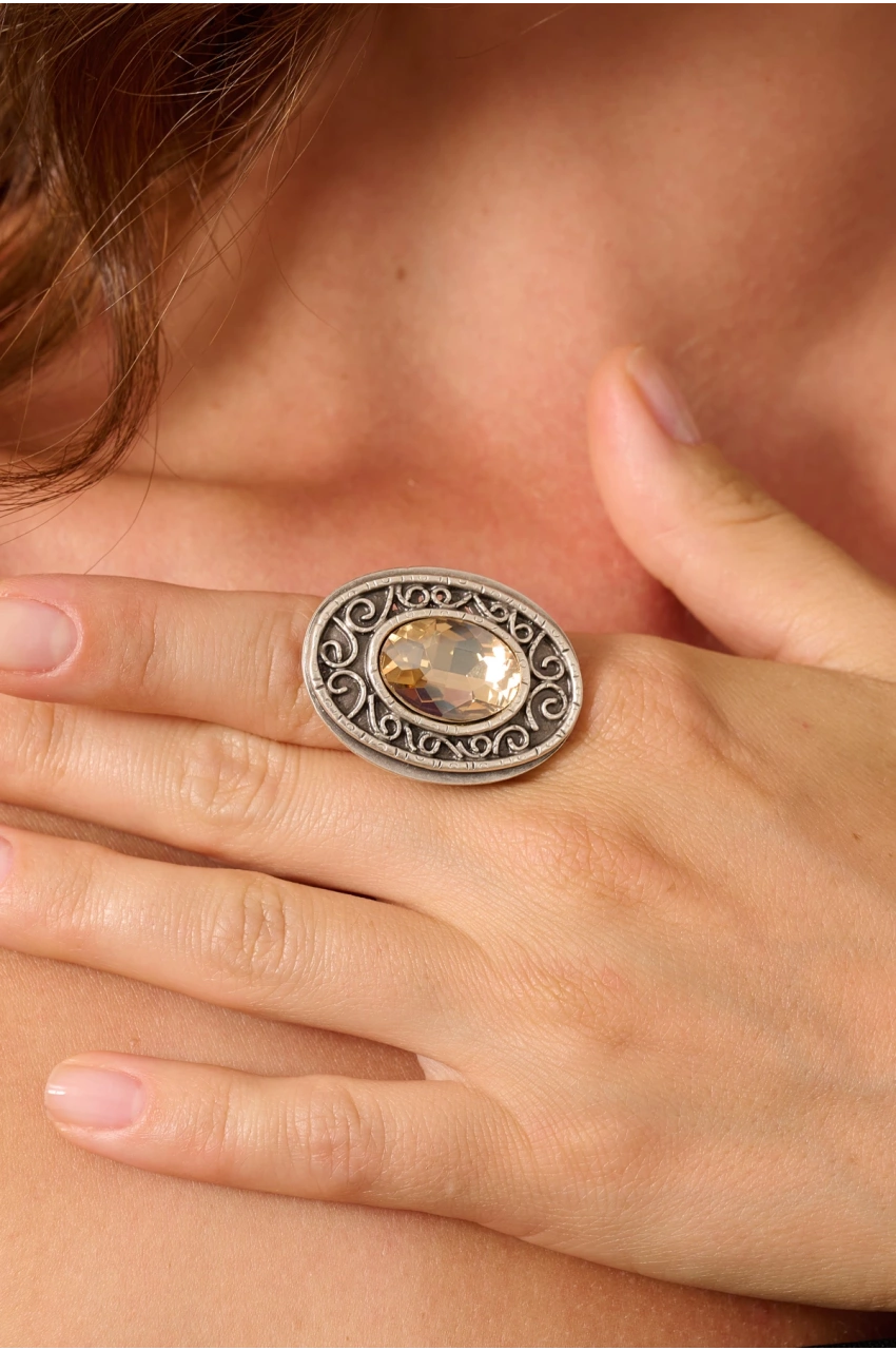 Kiraz Yellow Crystal Stoned Silver Plated Ring