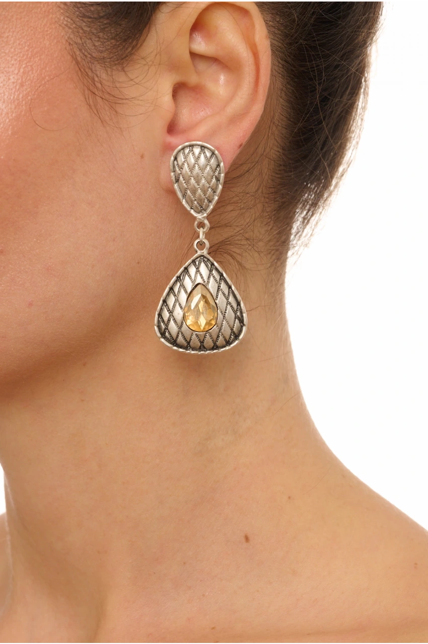 Kiraz Yellow Crystal Stoned Silver Plated Earring