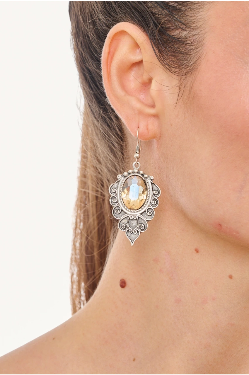 Kiraz Yellow Crystal Stoned Silver Plated Earring