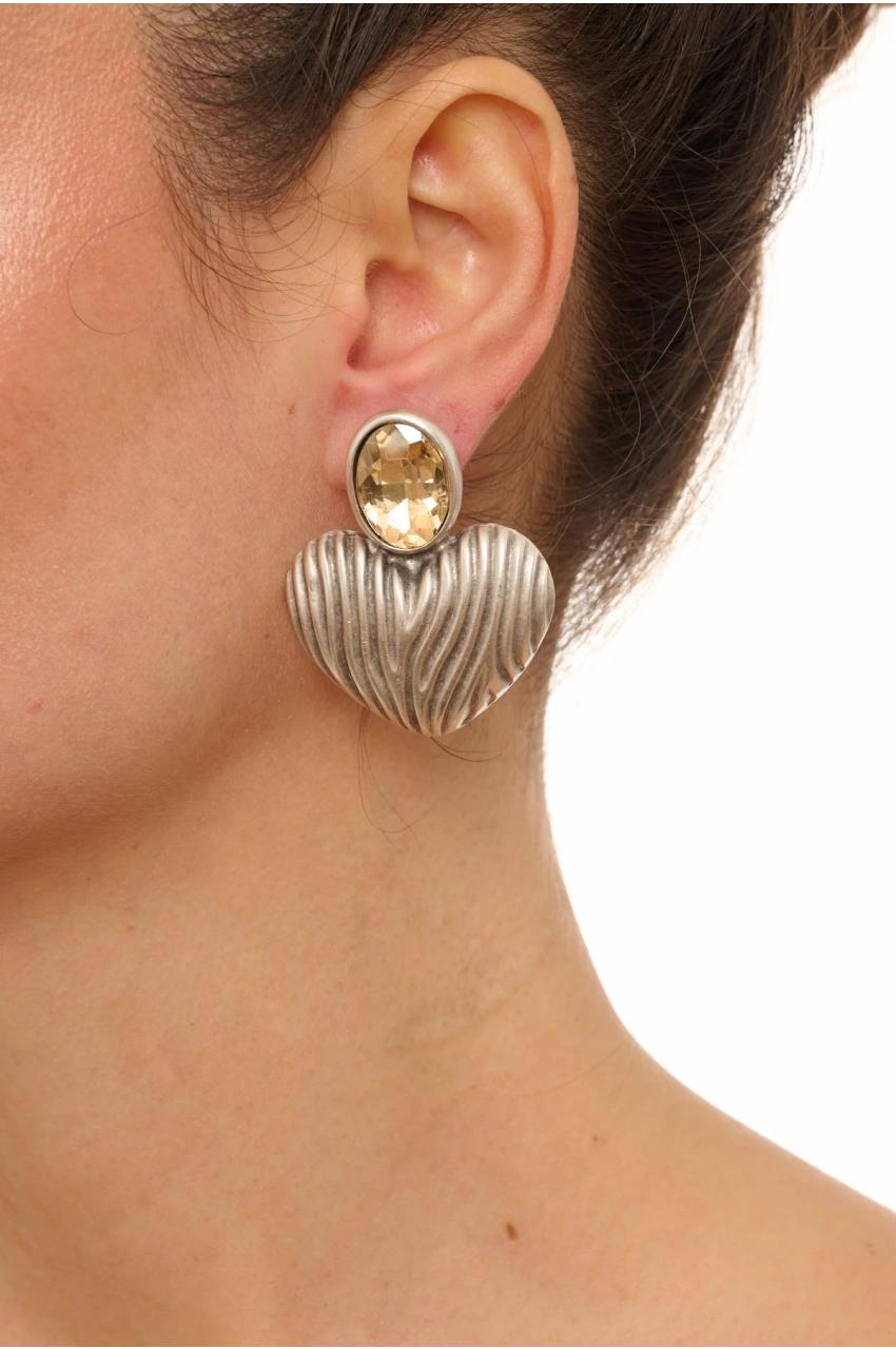 Kiraz Yellow Crystal Stoned Silver Plated Heart Earring