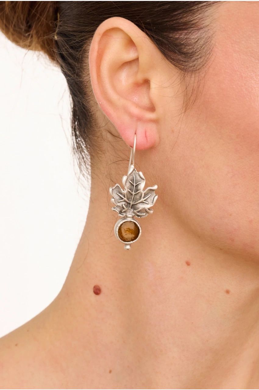 Kiraz Yellow Enameld Silver Plated Leaf Earring