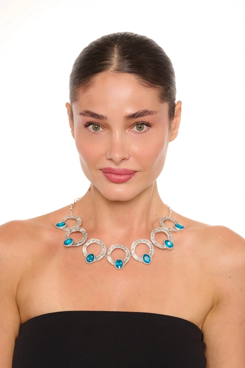 Kiraz Turquoise Crystal Stoned Silver Plated Necklace