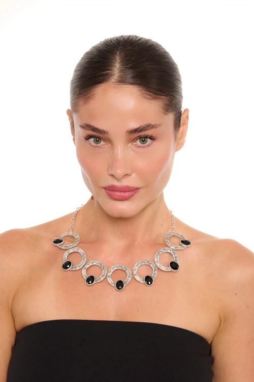 Kiraz Black Crystal Stoned Silver Plated Necklace