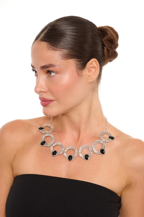 Kiraz Black Crystal Stoned Silver Plated Necklace