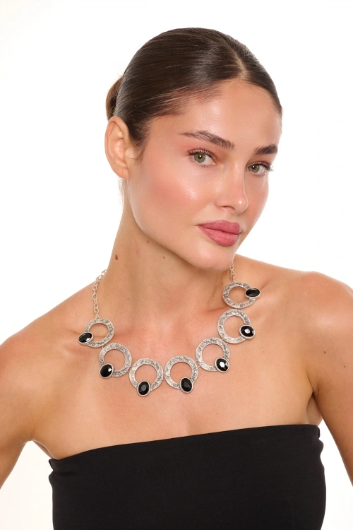 Kiraz Black Crystal Stoned Silver Plated Necklace