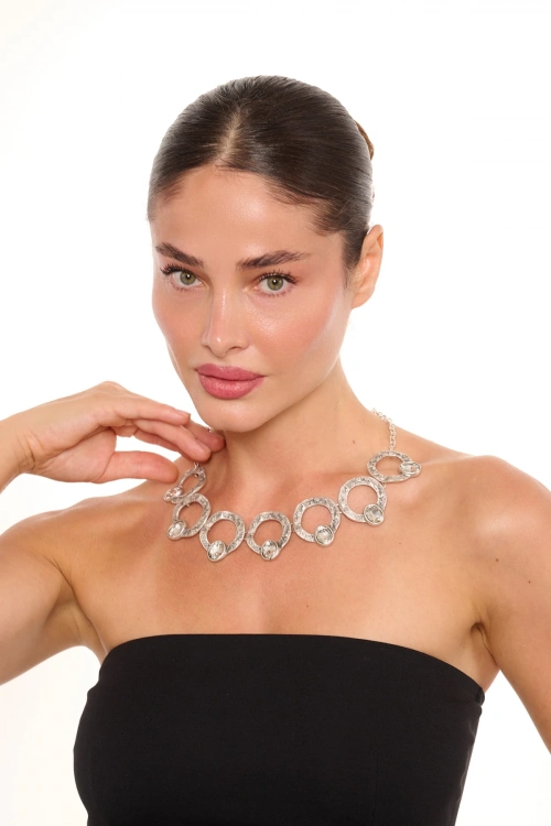 Kiraz White Crystal Stoned Silver Plated Necklace