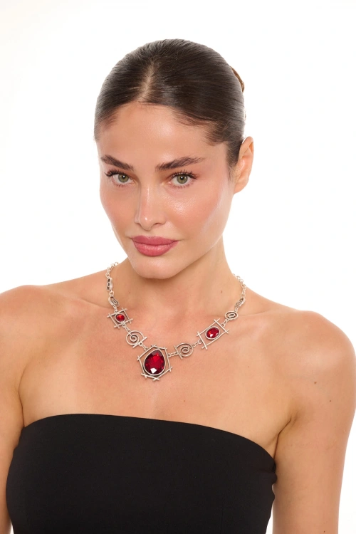 Kiraz Burgundy Crystal Silver Plated Necklace