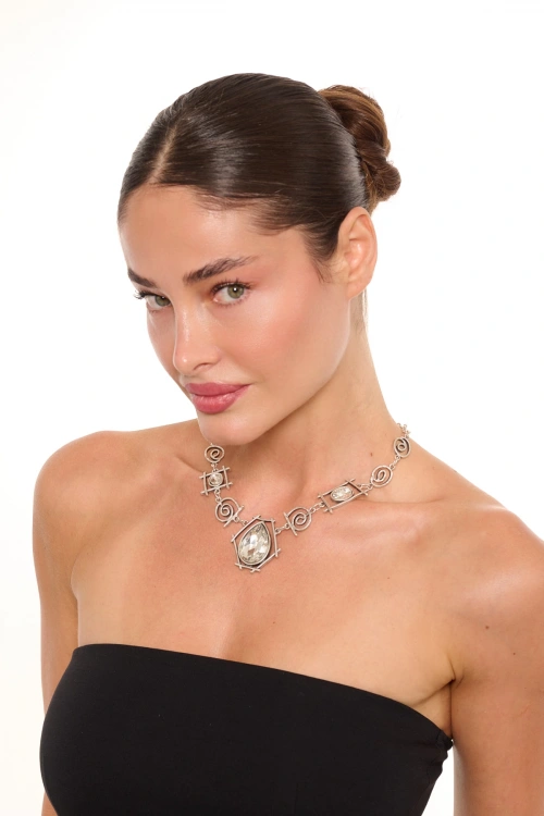 Kiraz White Crystal Stoned Silver Plated Necklace