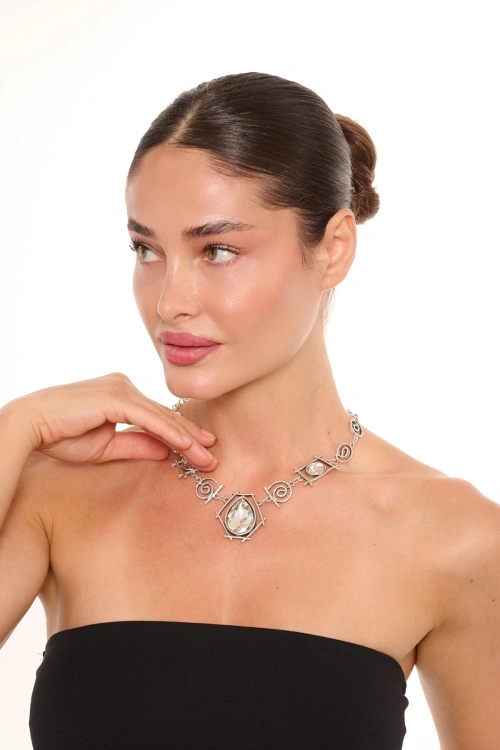 Kiraz White Crystal Stoned Silver Plated Necklace