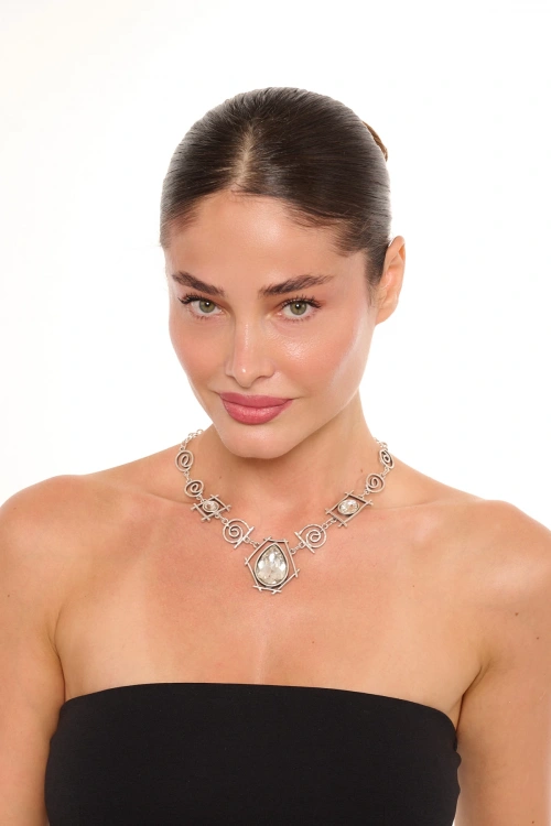 Kiraz White Crystal Stoned Silver Plated Necklace