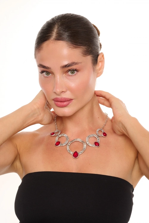 Kiraz Burgundy Crystal Stoned Silver Plated Necklace
