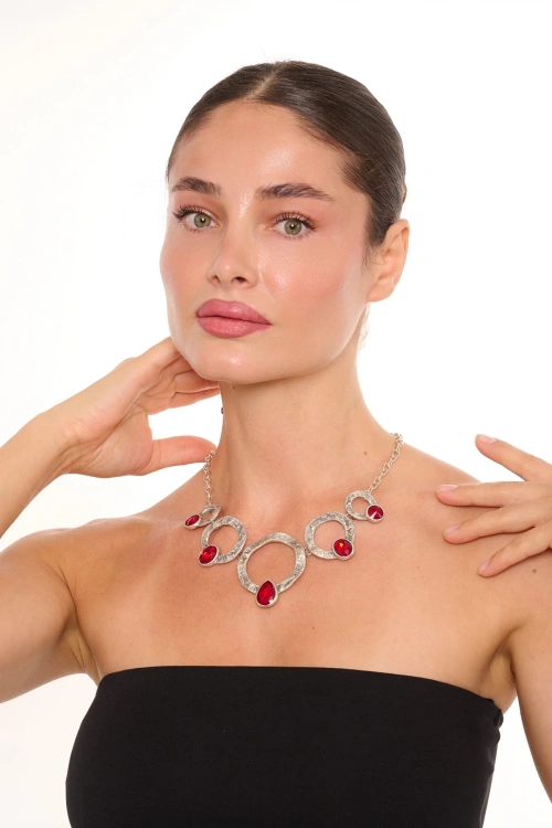 Kiraz Burgundy Crystal Stoned Silver Plated Necklace