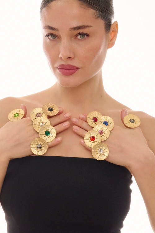 Kiraz Pink Crystal Stoned Gold Plated Ring