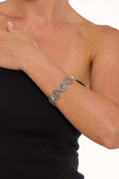 Kiraz Burgundy Stoned Elastic Silver Plated Bracelet