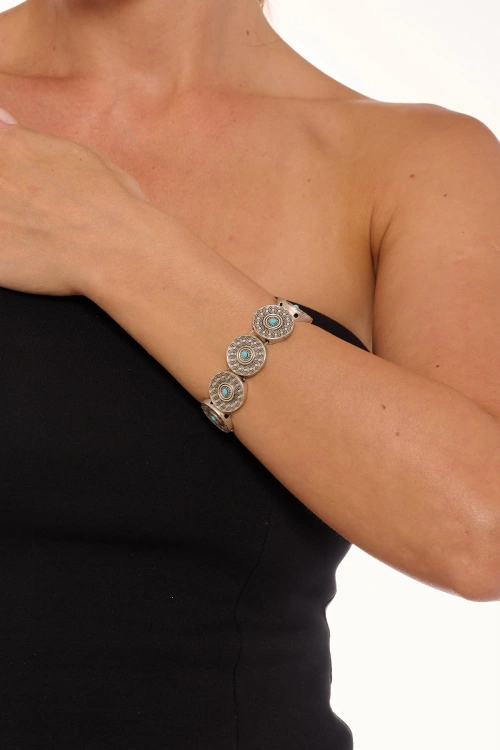 Kiraz Turquoise Crystal Stoned Elastic Silver Plated Bracelet