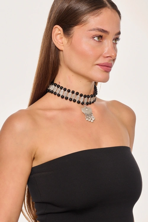 Kiraz Black Beaded Silver Plated Necklace