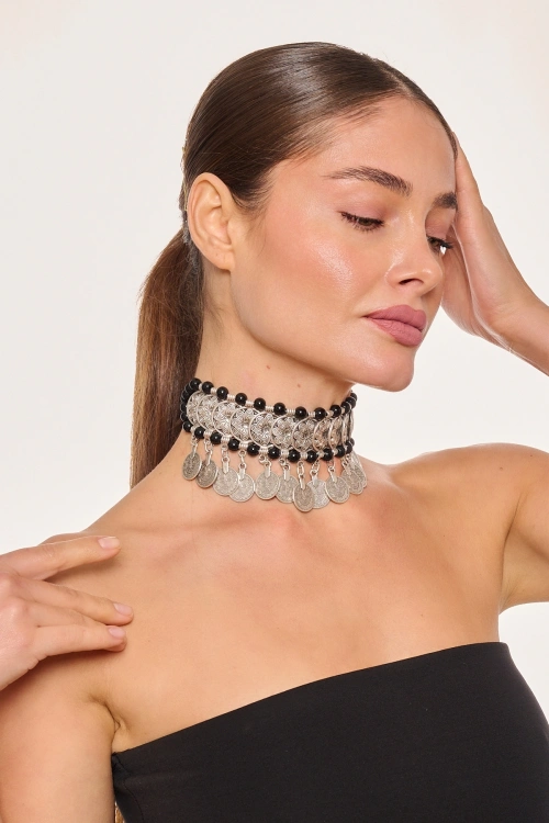 Kiraz Black Beaded Silver Plated Necklace