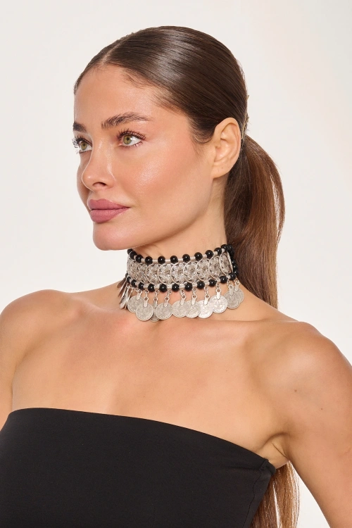 Kiraz Black Beaded Silver Plated Necklace