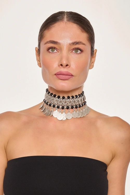 Kiraz Black Beaded Silver Plated Necklace