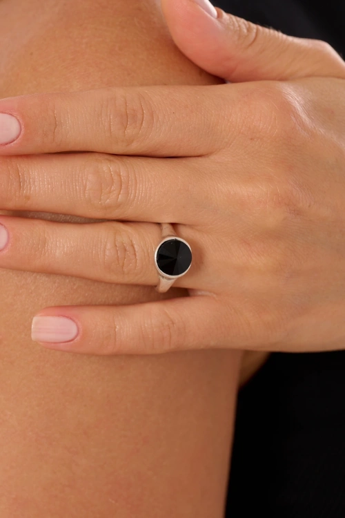 Kiraz Black Crystal Stoned Silver Plated Ring