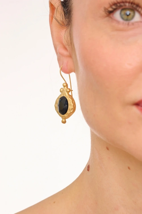 Kiraz Black Crystal Stoned Gold Plated Earring