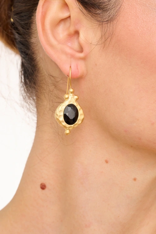 Kiraz Black Crystal Stoned Gold Plated Earring