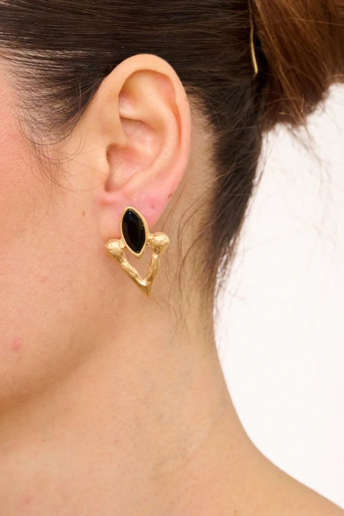Kiraz Black Crystal Stoned Gold Plated Earring