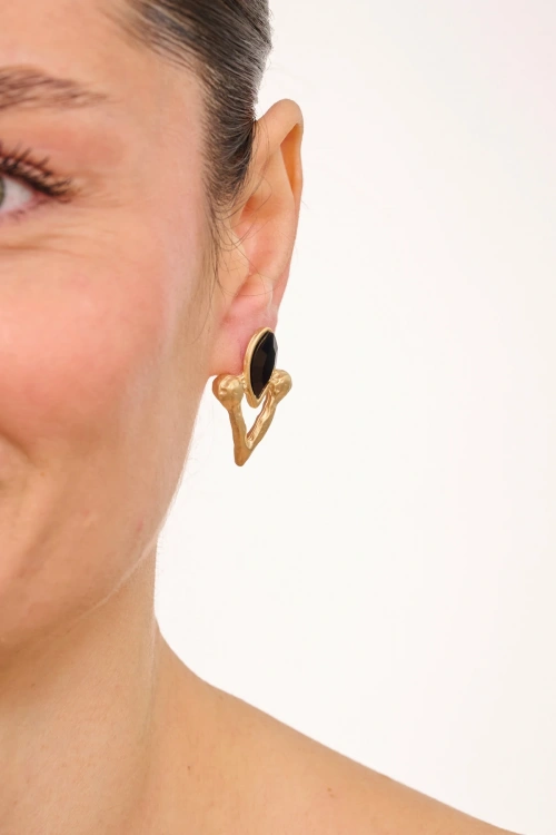 Kiraz Black Crystal Stoned Gold Plated Earring